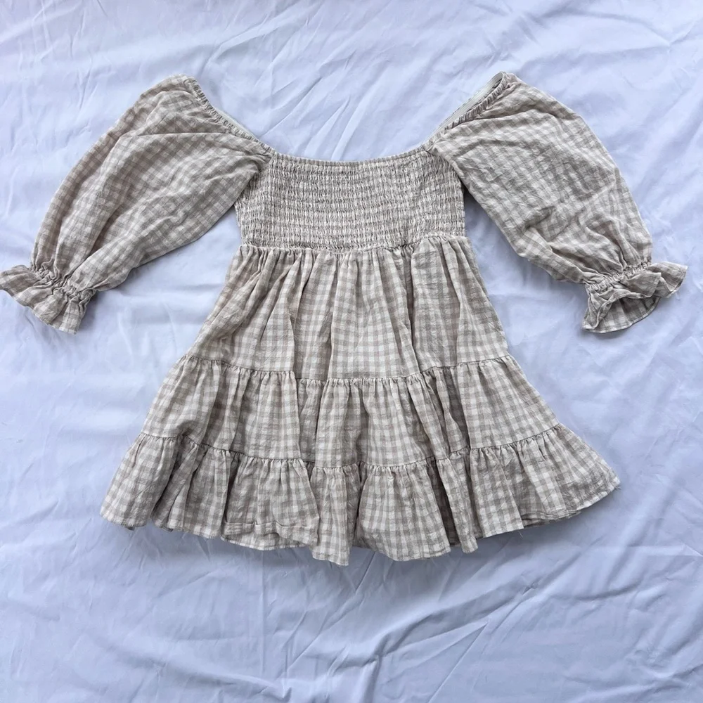 Mable Babydoll Beige Plaid Smocked Dress with Puff Sleeves Cottagecore Medium - Picture 2 of 4